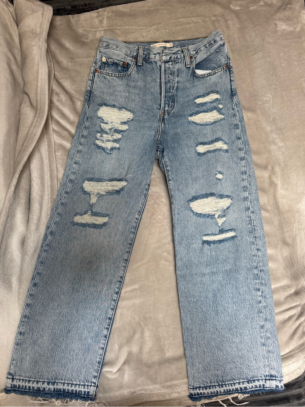 Levi's Light Blue High-Rise Distressed Straight Jeans